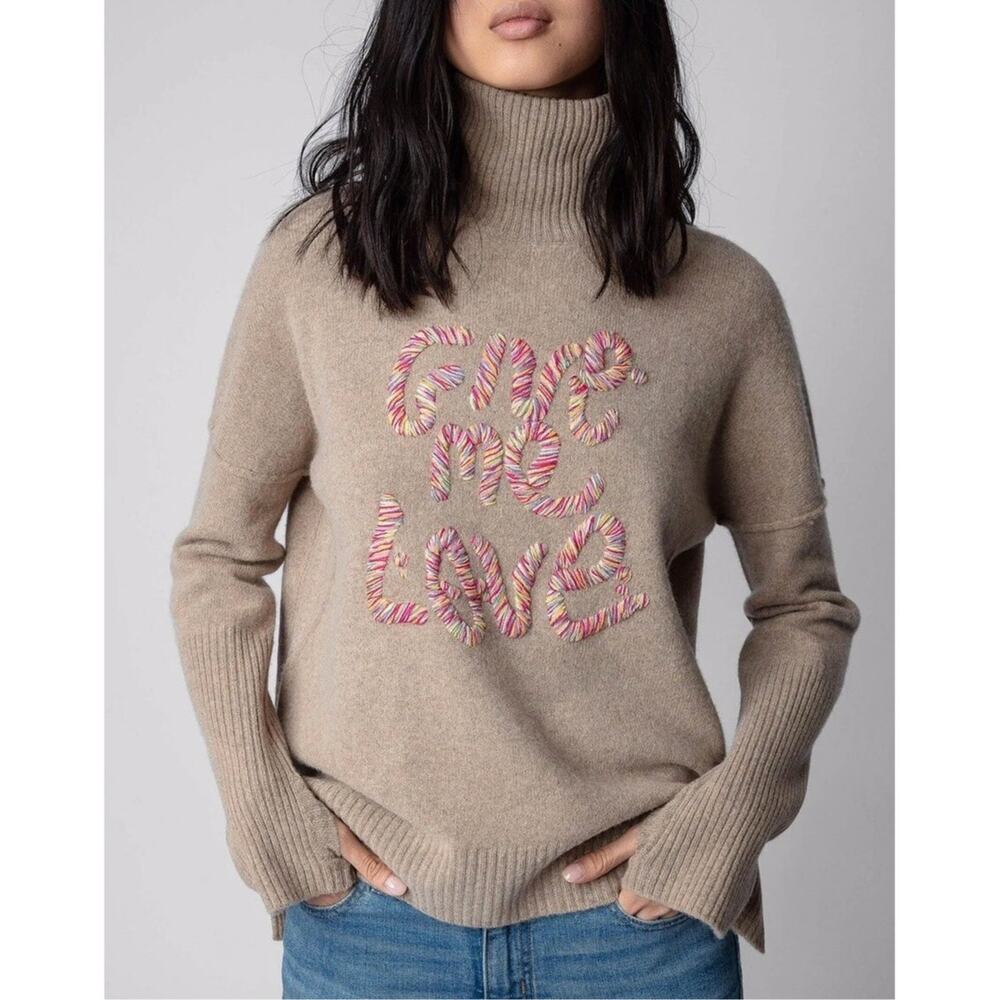 Zadig & Voltaire Alma Give Me Love Wool Sweater Womens XS Beige Graphic Knit